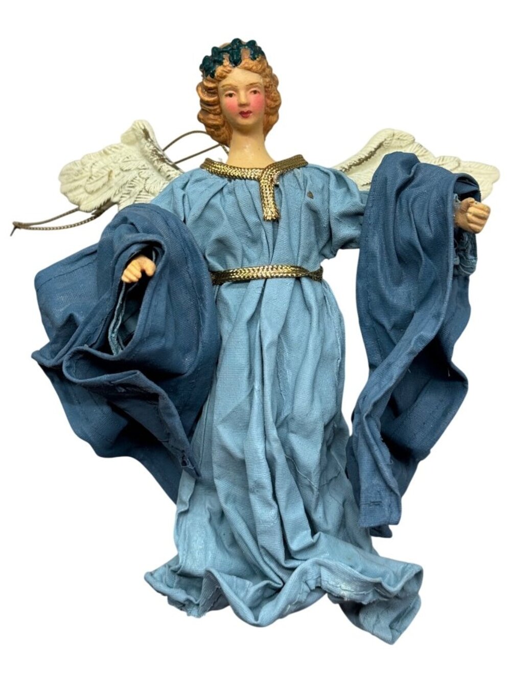 Vintage Angel Christmas Tree Ornament Blue Gown Gold Trim Wings Handcrafted READ